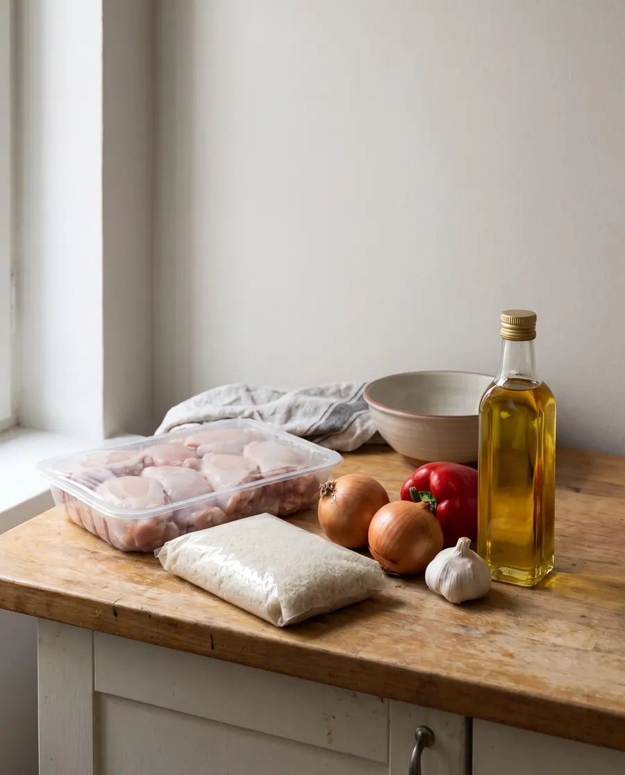 A small grocery haul on a kitchen counter: chicken thighs, rice, onions, a pepper and oil