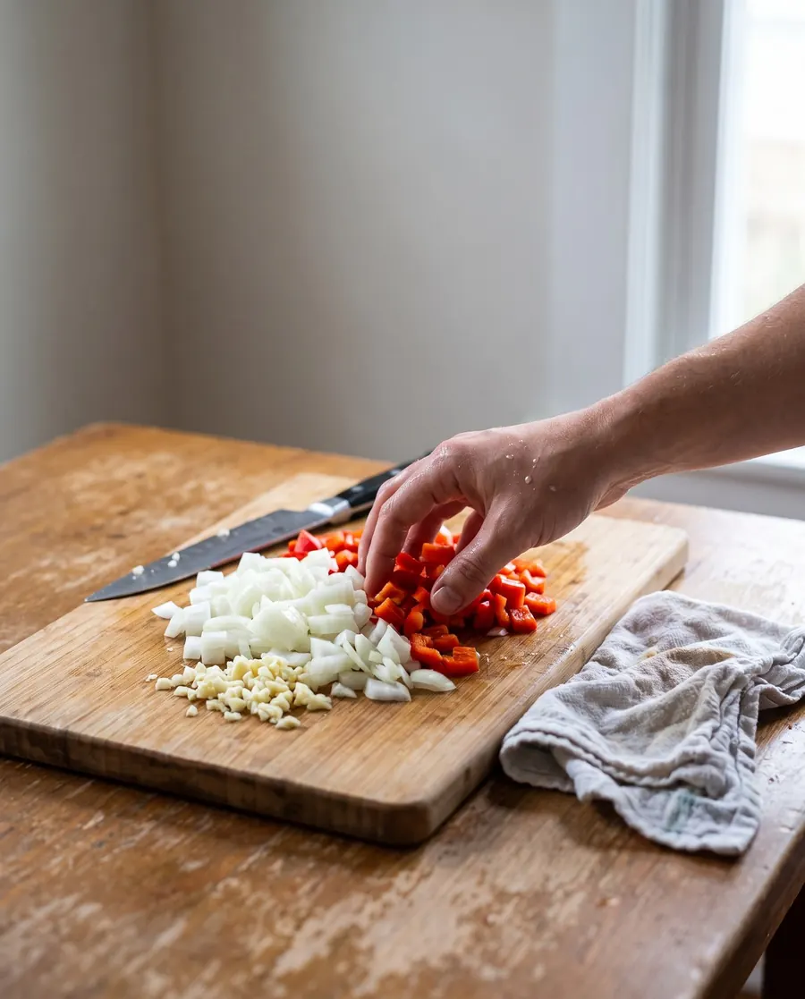 Chopped onion, pepper and garlic on a wooden cutting board