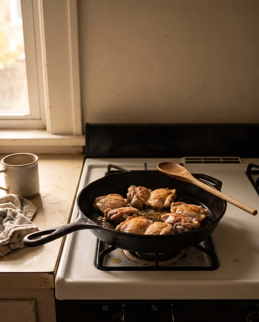Chicken thighs browning in a cast-iron skillet on a home stove