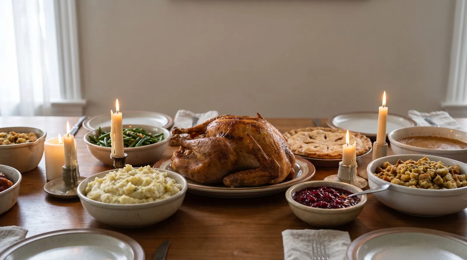 A Thanksgiving table: roast turkey, mashed potatoes, green beans, stuffing, cranberry sauce and a pie