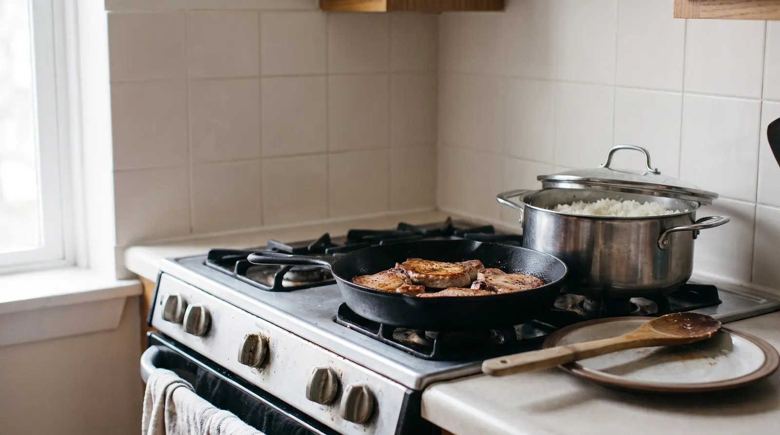 Pork chops in a skillet and a pot of rice, both done at the same time