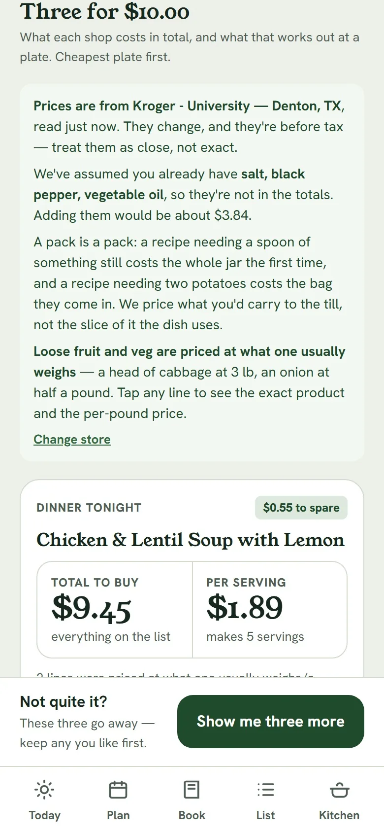 Cook on a budget: three dinners for $10, each showing the total to buy and the cost per plate, priced at a Kroger in Denton, Texas