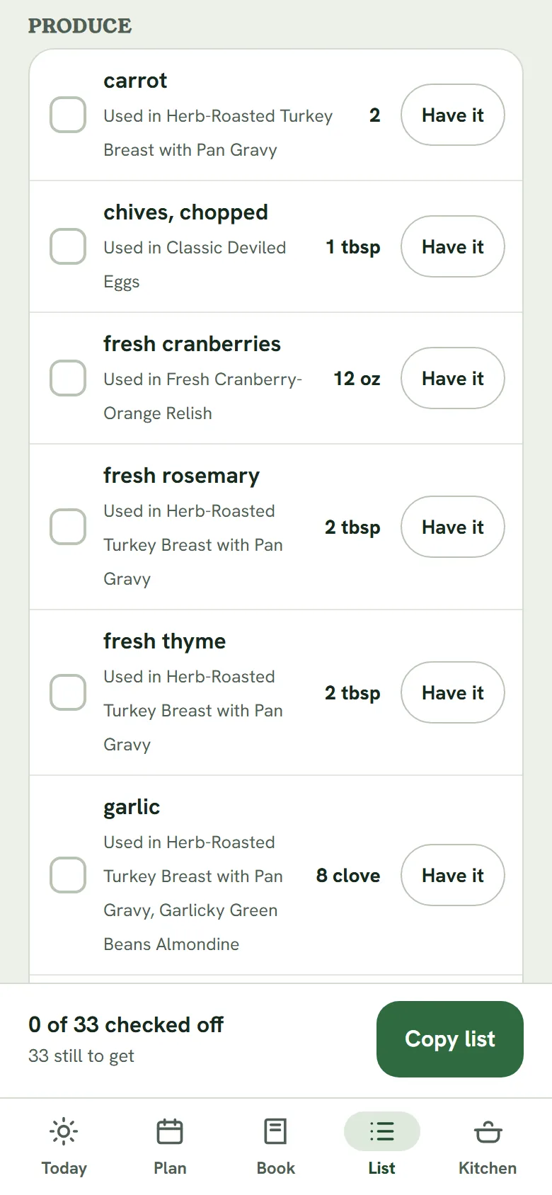 The shopping list, grouped by store section, each row saying which meals it's for