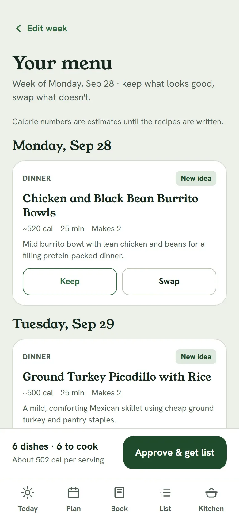 A week's menu in HyreKitchen: dinners with calories, protein and minutes, each with a Swap button