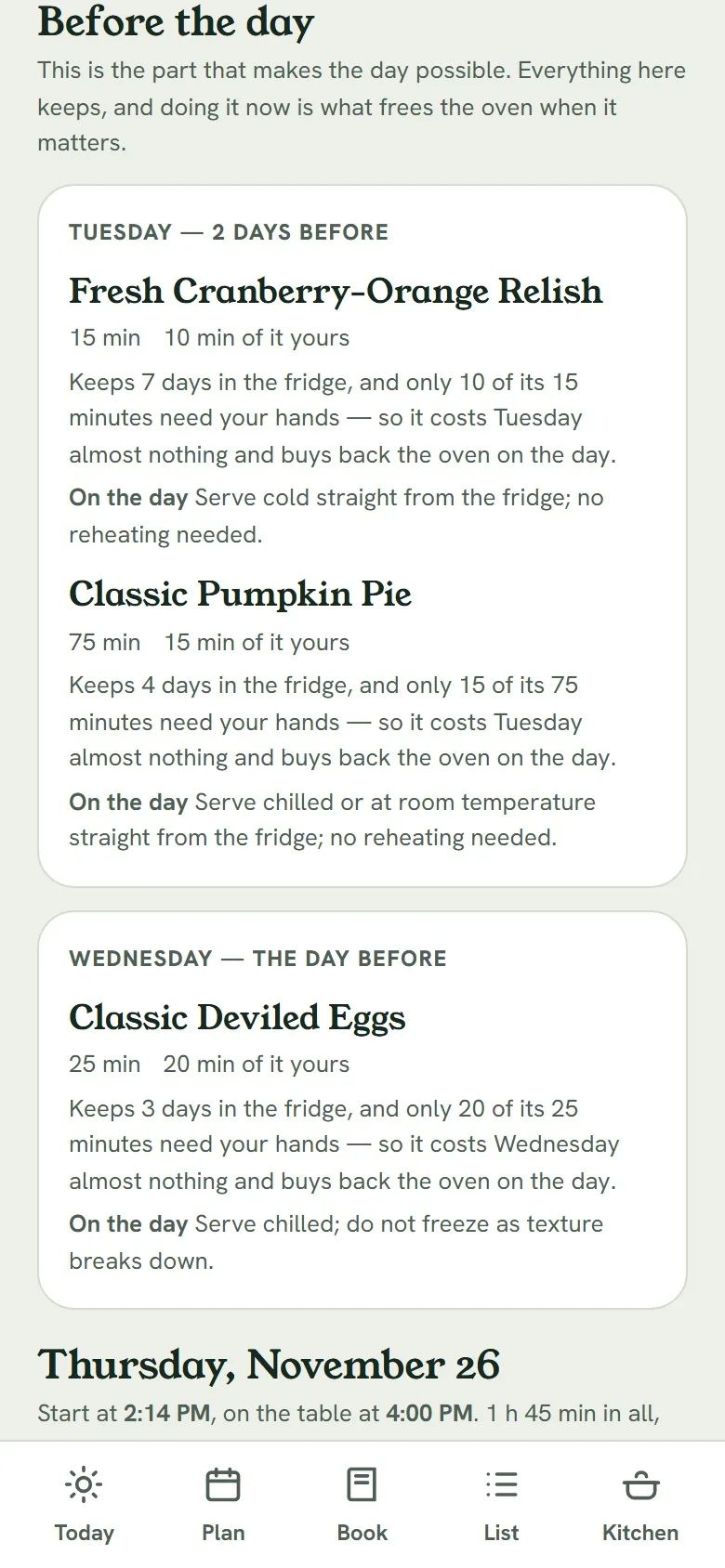 A big-meal cook plan: make-ahead dishes by evening, then the day's schedule worked back from serving time