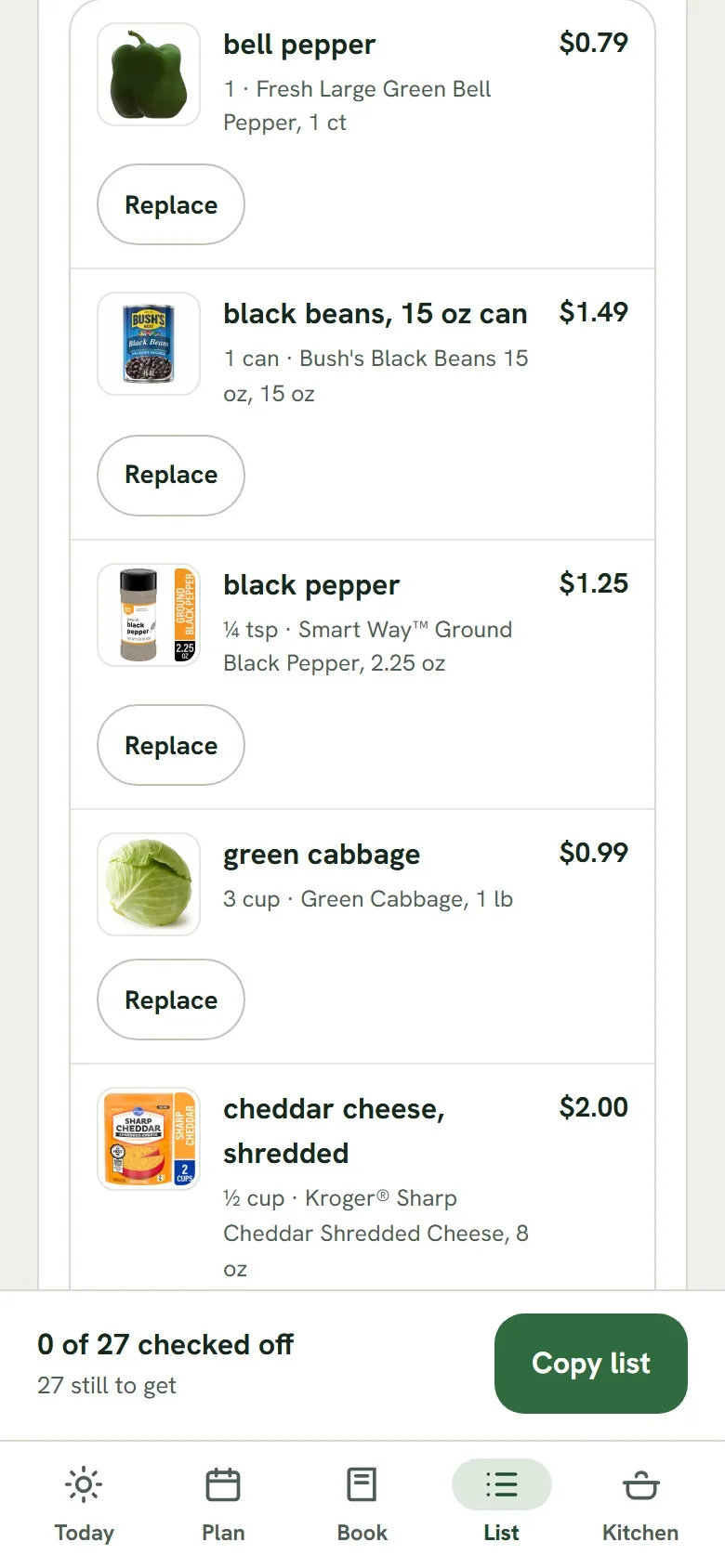 The shopping list priced at a Kroger store: product photos, sizes and prices, with a Replace button on each row