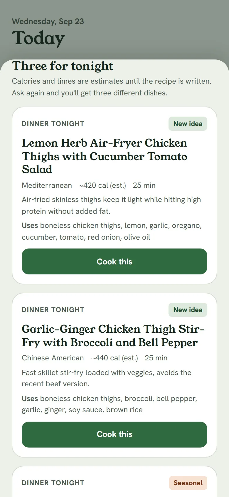 Three ideas for tonight, each with minutes, calories and a reason, and a button for three more